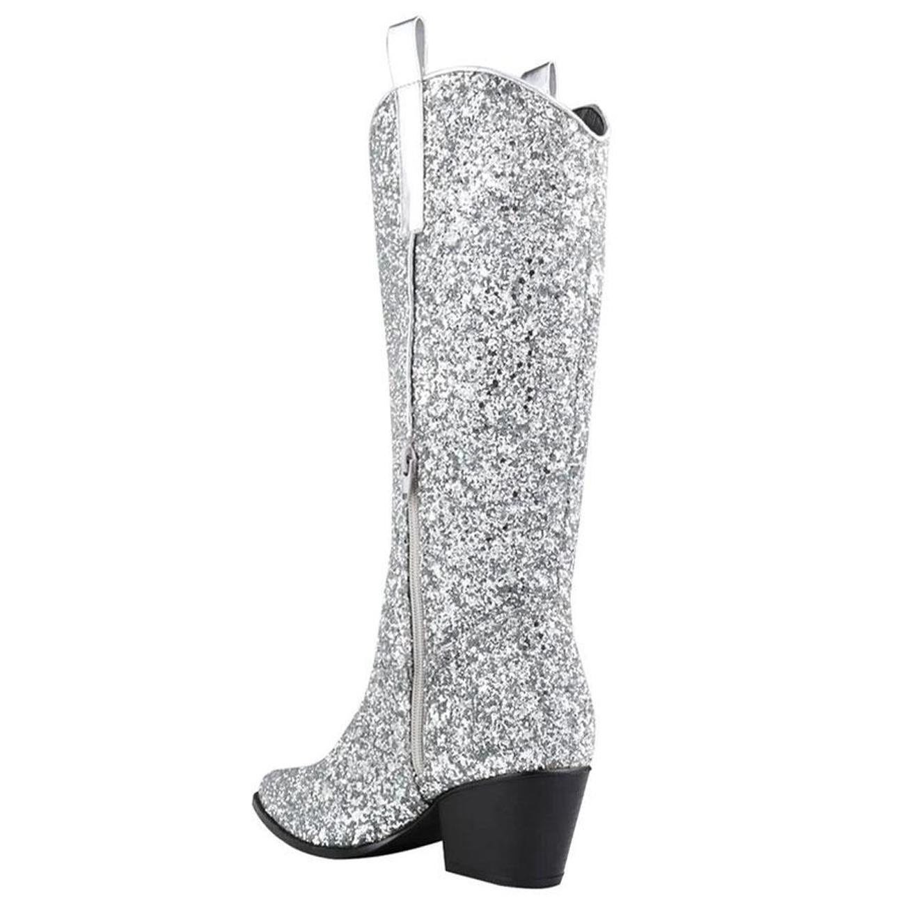 Glitter Zipper Pointy Mid Calf Cowgirl Boots In Gold Silver Black