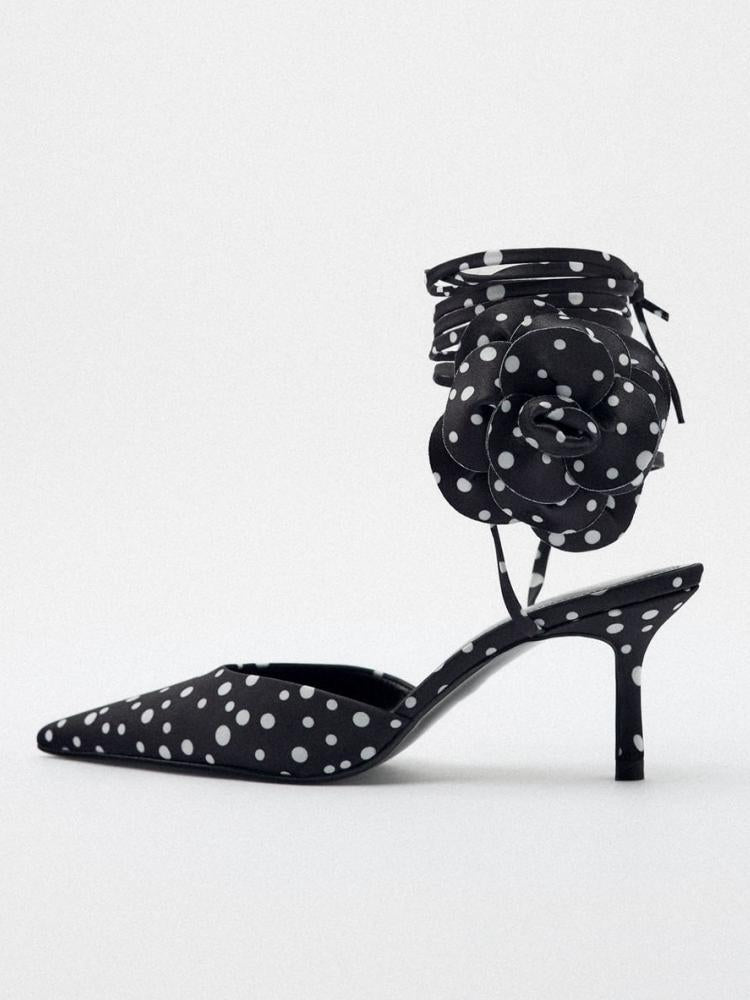 Black Polka Dot Flower Lace Up Pumps Pointy Kitten Heeled Gladiators