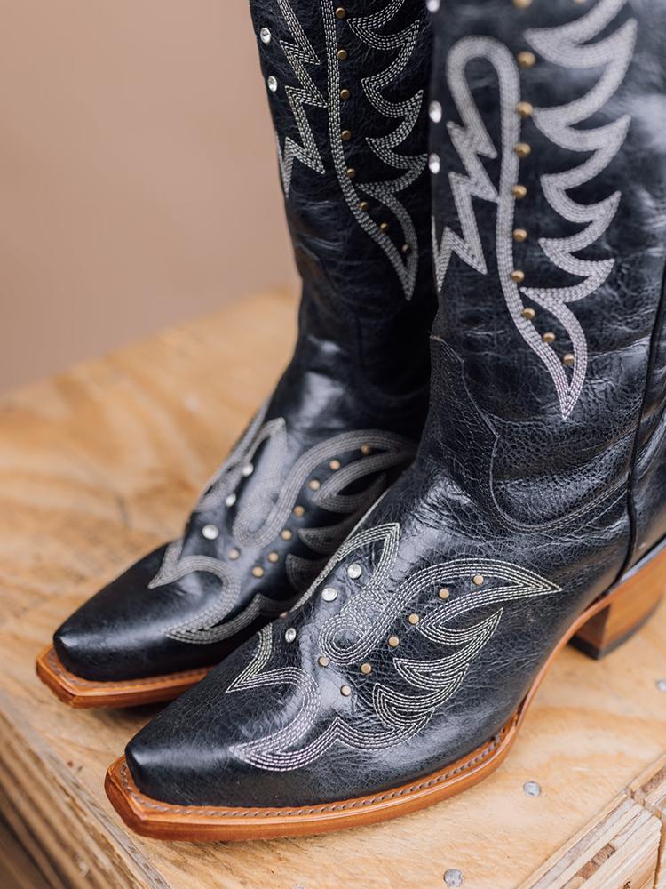 Black Embroidered Studs Rhinestone Snip Zipper Mid Calf Cowgirl Boots