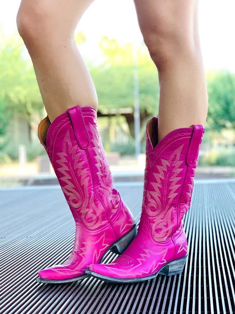 Embroidered Snip Western Wide Mid Calf Boots - Purple, Orange, Pink & Red