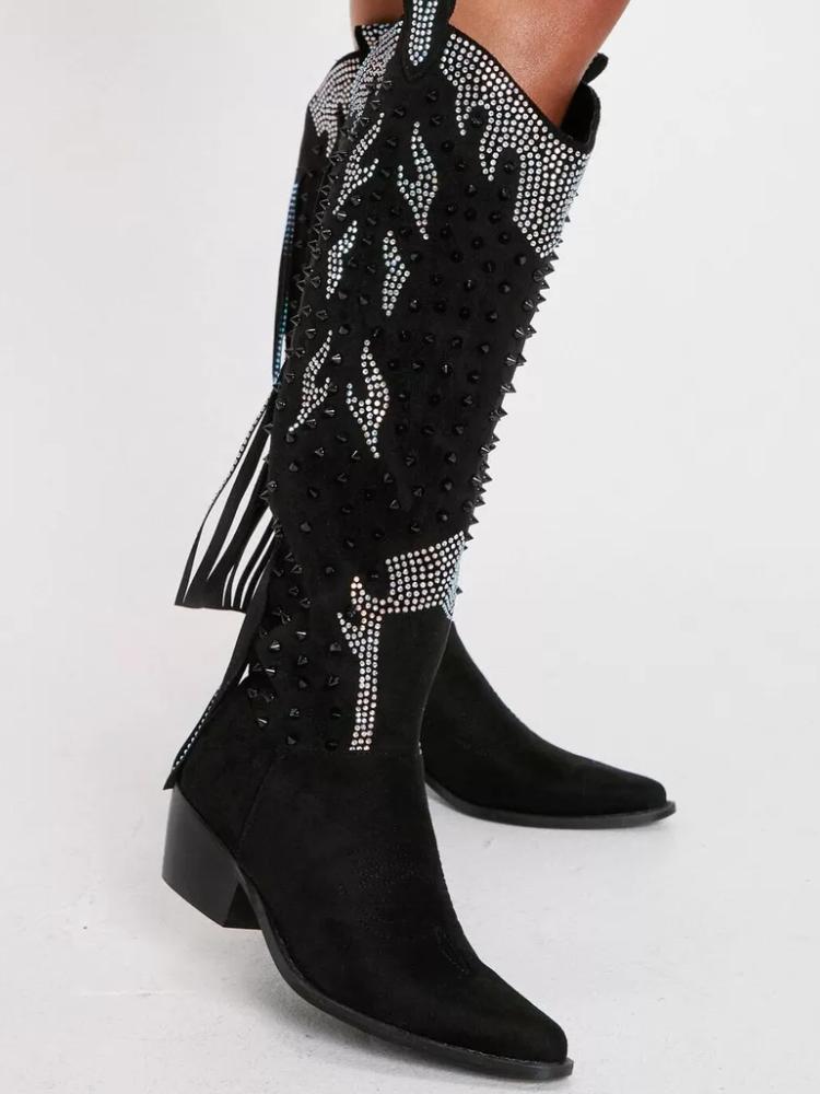 Studded Rhinestone Fringe Knee High Cowgirl Boots Tall Slanted Heel Western Boots