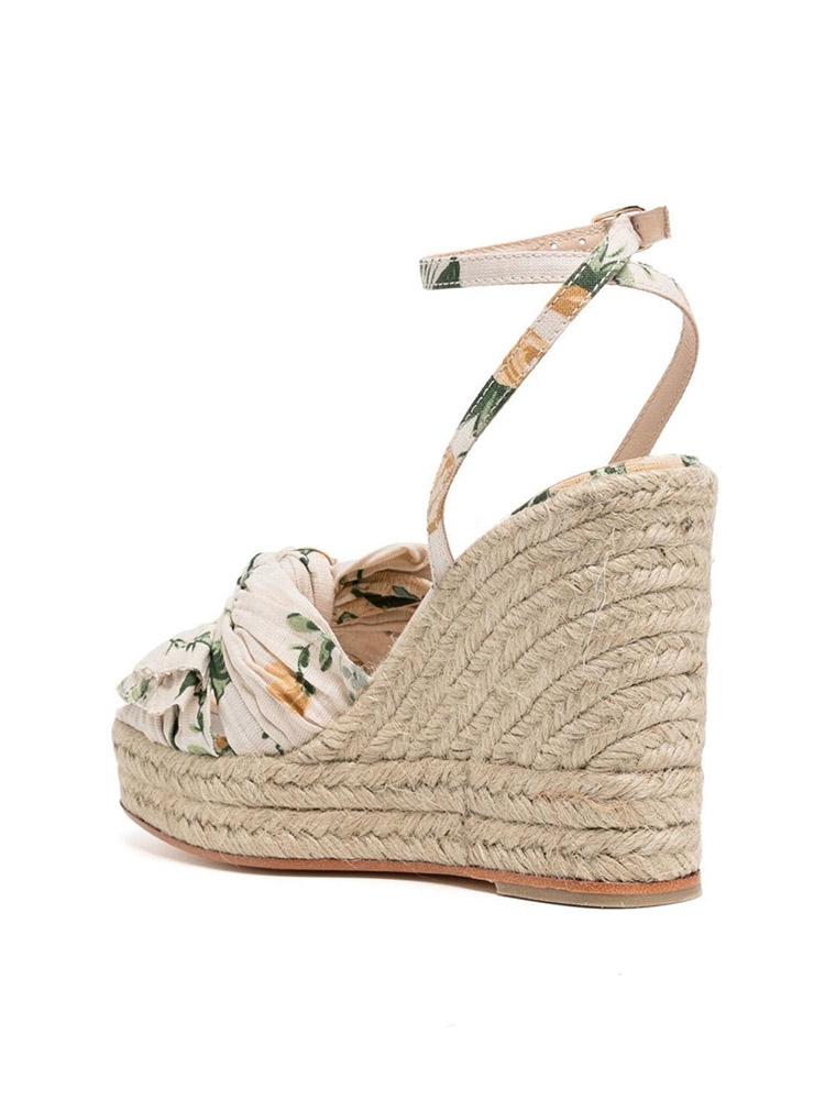 Apricot Floral Print Cloth Bows Open-toe Espadrille Wedge Sandals With Buckle Ankle Strap