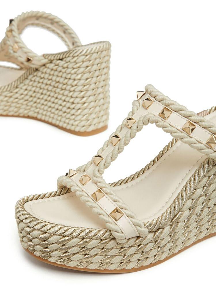 Ivory White H-Band With Rockstuds Open-toe Slip-on Espadrille Wedge Sandals