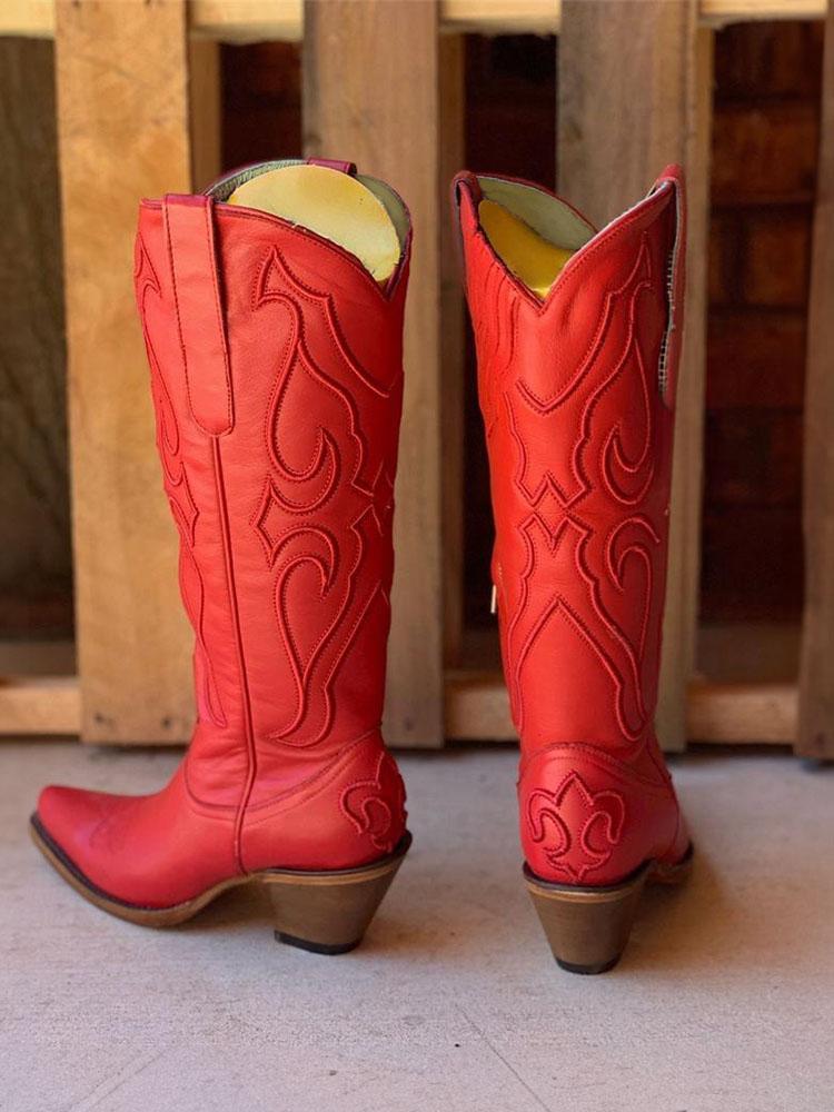 Embroidered Snip Toe Mid-Calf Western Boots