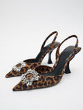 Fashion Rhinestone Embellished Leopard Slingback Flared-Heeled Pointed-Toe Pumps