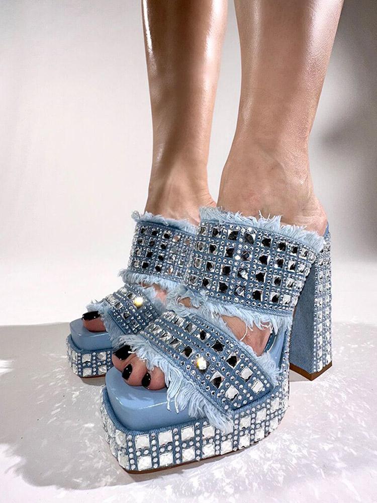 Square Rhinestones Frayed Open-toe Slip-on Denim Double Platform Sandals