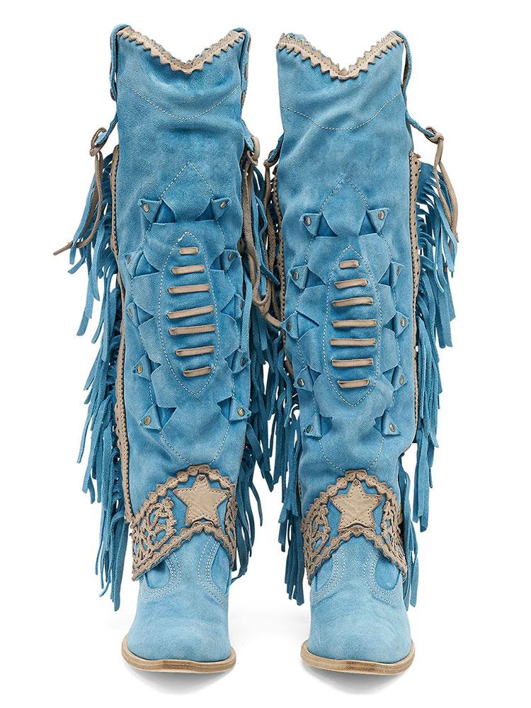 Faux Suede Cut-Out Fringe Lace Star Stitch Pointy Western Wide Mid Calf Boots - Blue, Green, Khaki & Black