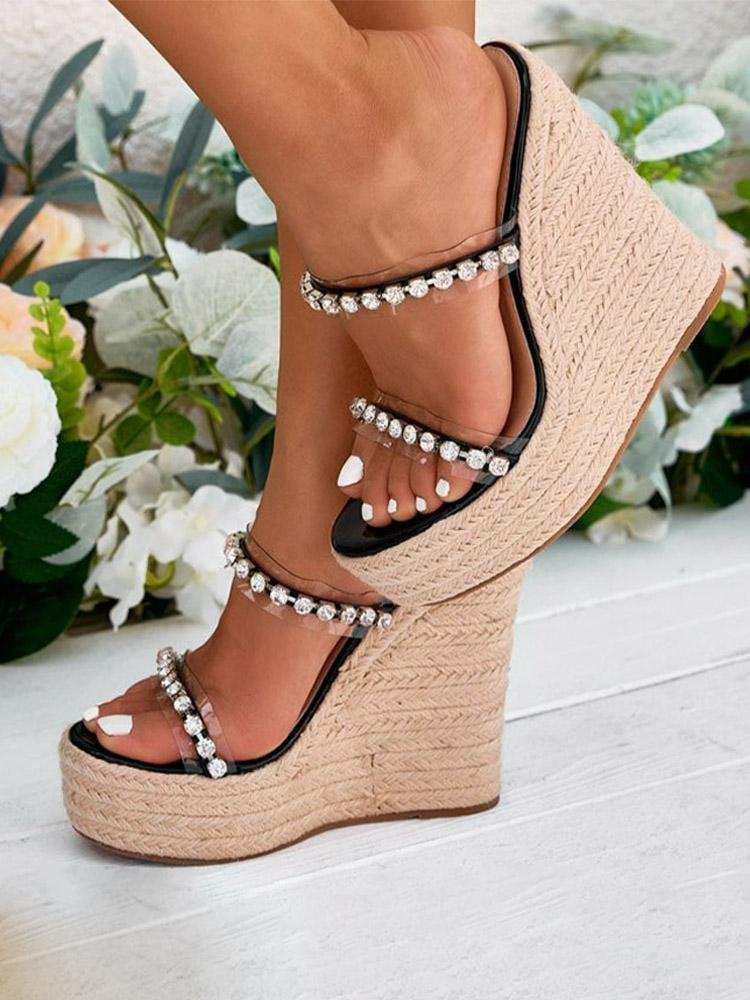 Clear Two Bands With Rhinestones Open-toe Slip-on Espadrille Wedge Sandals