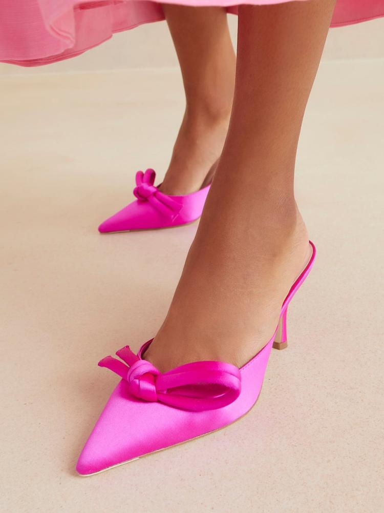 Pink Knotted Kitten Heel Satin Pumps Mules For Women