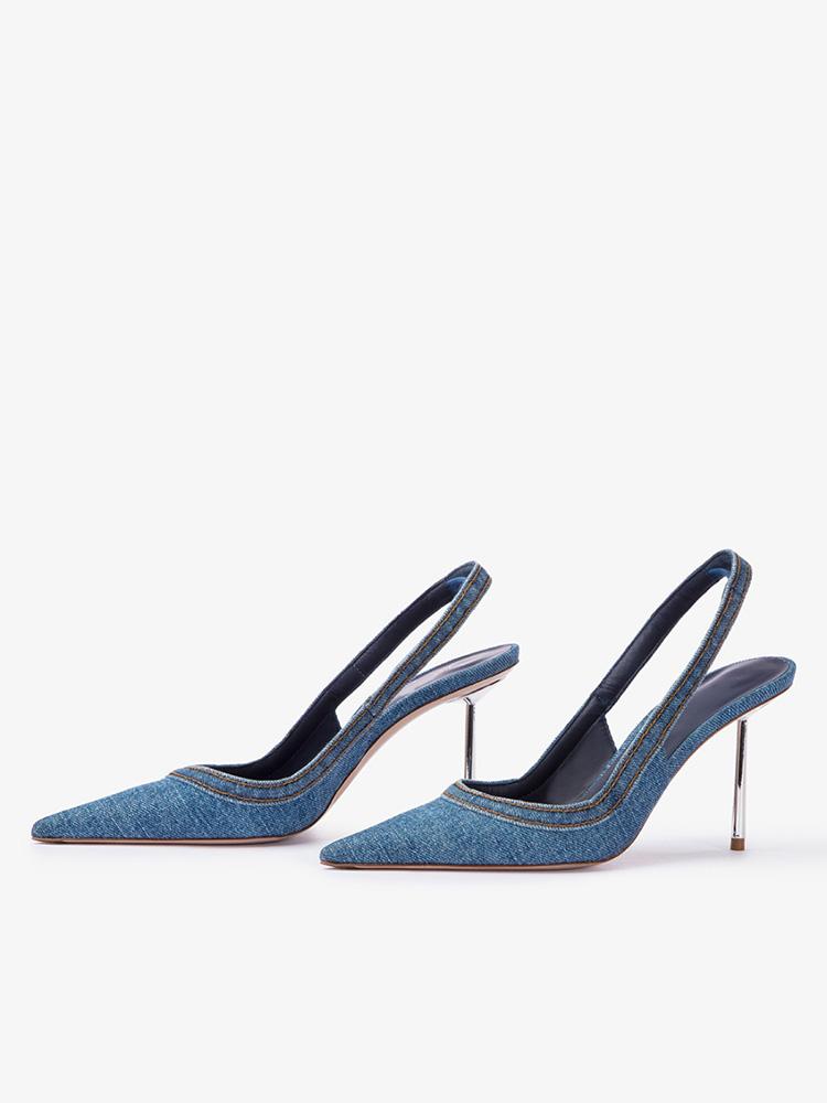 Denim Blue Pointy Slingback Pumps With Metallic Silver Stiletto Heel