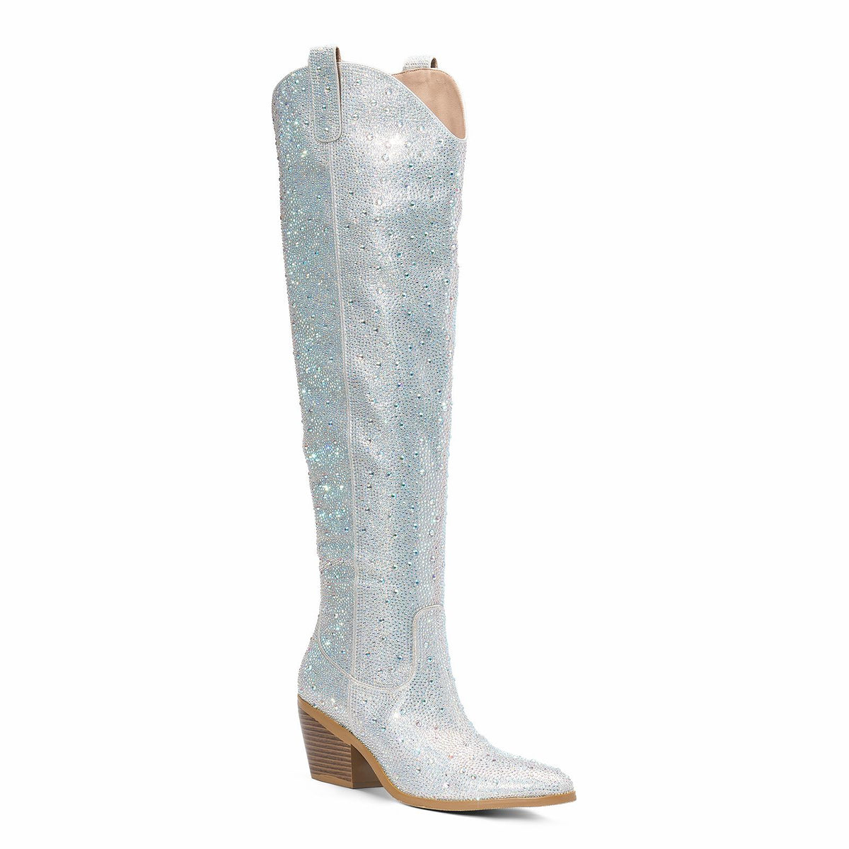 Silver Sparkly Rhinestone Round Toe Zipper Slanted Heel Western Over-Knee Tall Boots