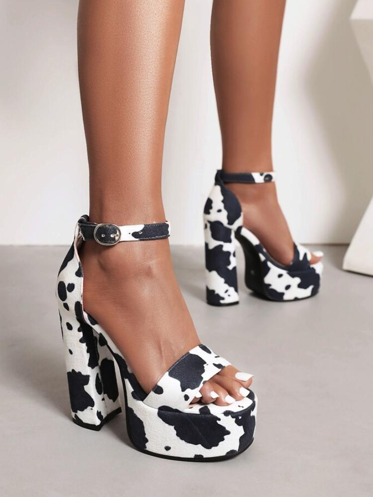 Cow Print Round Toe Block Heeled Sandals With Ankle Strap Platform