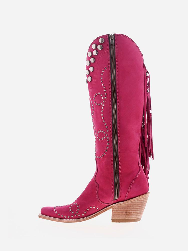 Pink Stud Fringe Stitch Zipper Pointy Cowgirl Mid Calf Boots