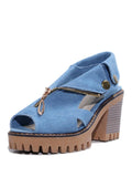 Denim Peep-toe Zip Thick Bottom Chunky High Heel Sandals With Buckles