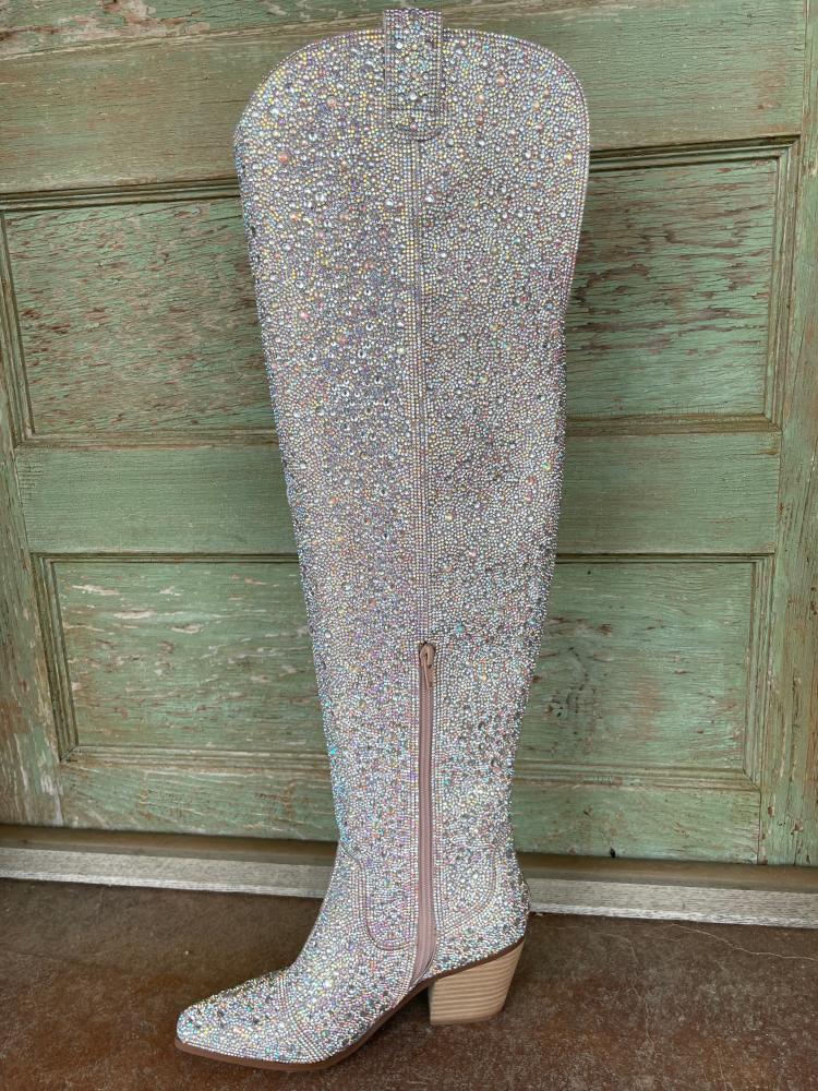 Silver Sparkly Rhinestone Round Toe Zipper Slanted Heel Western Over-Knee Tall Boots