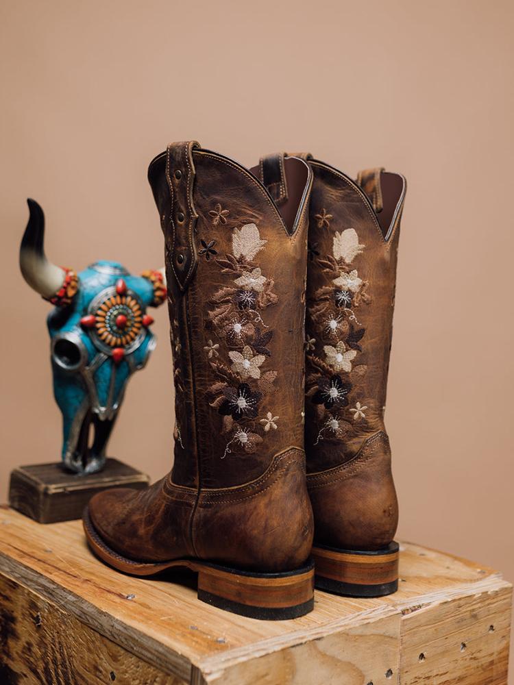 Brown Distress Floral Embroidered Stud Square Wide Calf Tall Cowgirl Retro Boots For Wide Fit