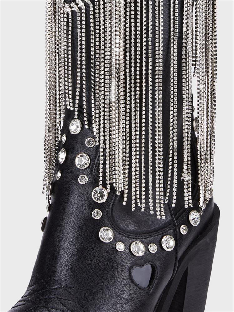 Rhinestone Fringe Pointy Zip Mid-Calf Cowgirl Boots