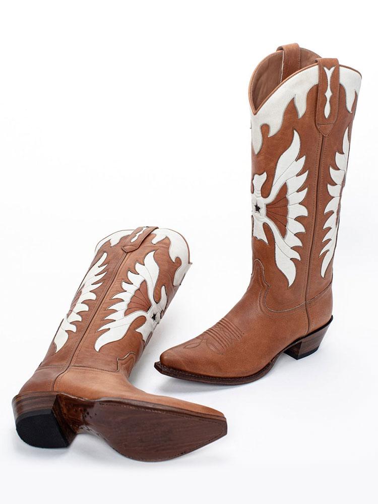 Brown Eagle Inlay Wide Mid Calf Western Boots With Pointed Toe