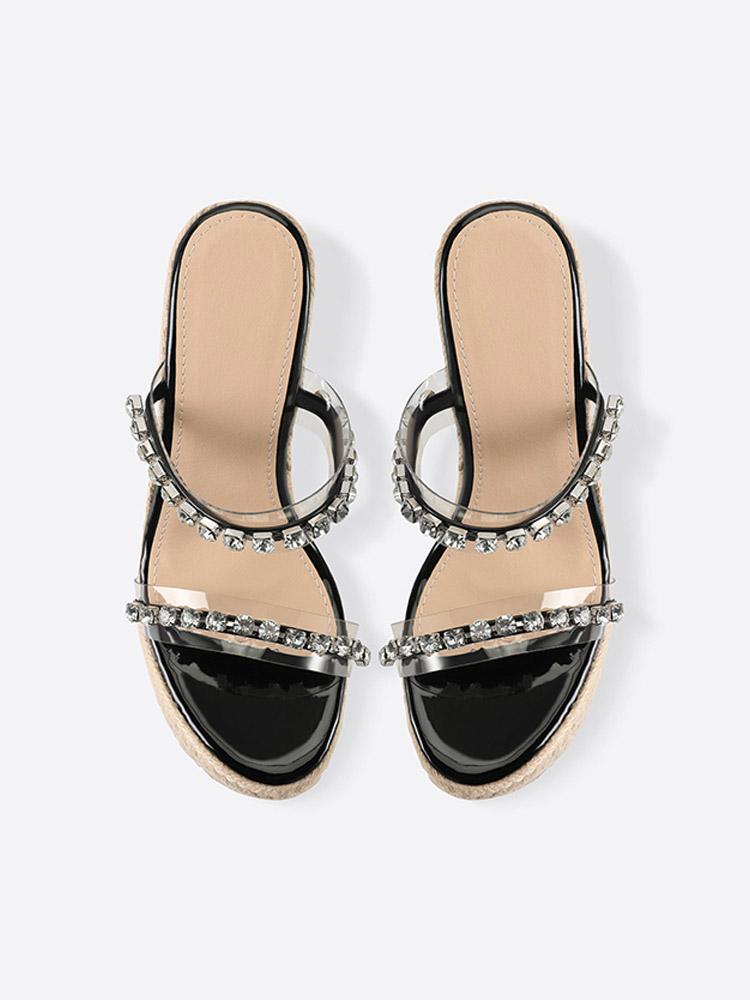 Clear Two Bands With Rhinestones Open-toe Slip-on Espadrille Wedge Sandals