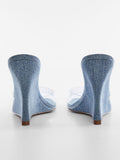 Denim Blue Clear Round Toe Wedge Heeled Backless Slip-On Sandals