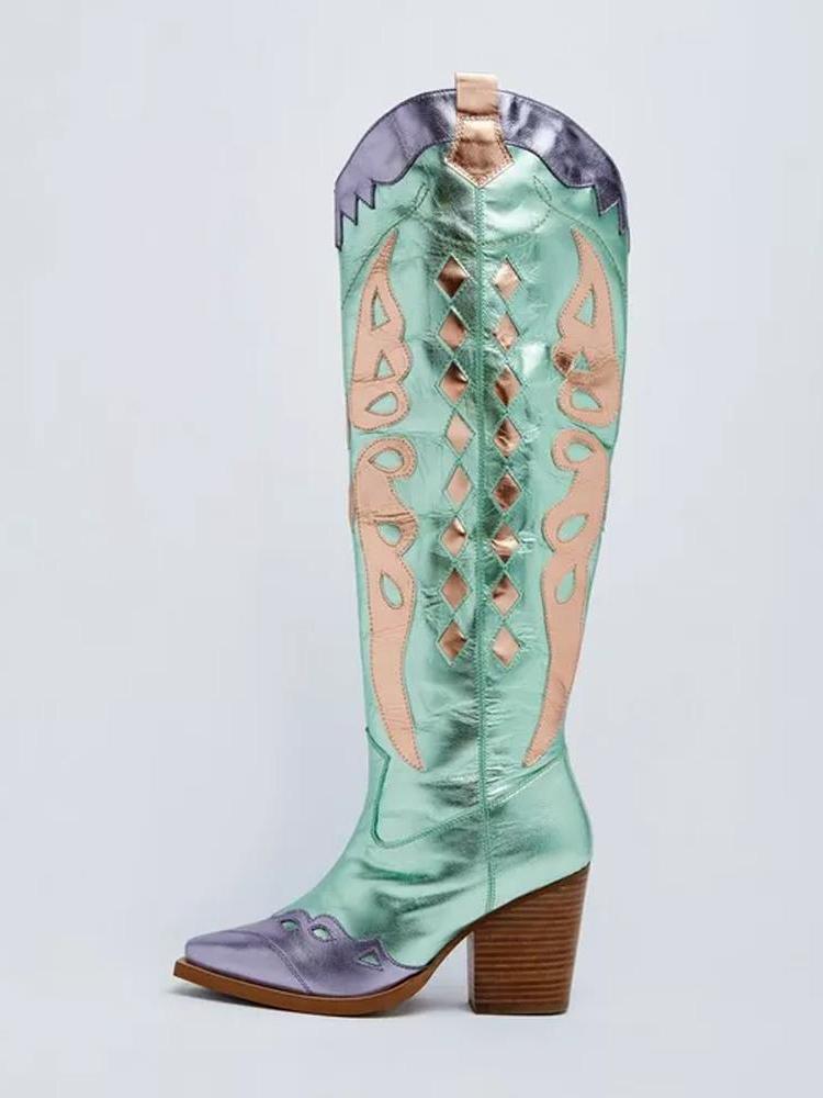 Contrast Metallic Butterfly Applique Snip Toe Wide Calf Tall Cowgirl Boots