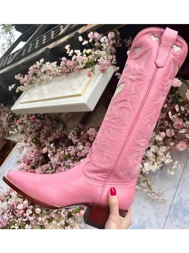 Pink Embroidered Inlay Heart Wide Calf Knee High Boots Round Toe Chunky Heeled Western Boots