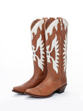 Brown Eagle Inlay Wide Mid Calf Western Boots With Pointed Toe