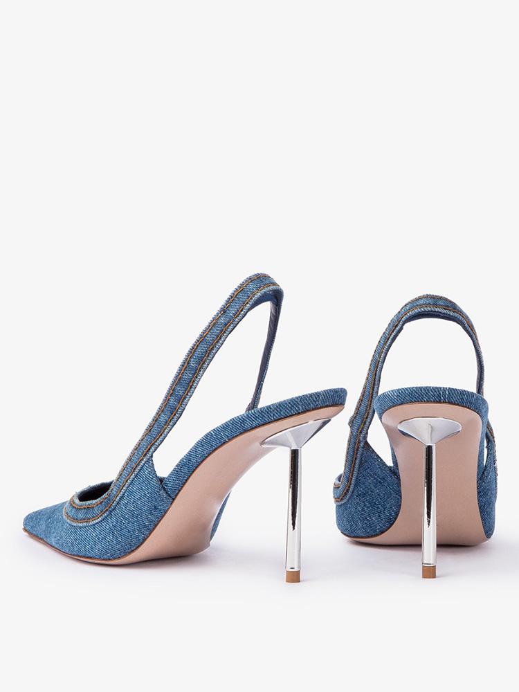 Denim Blue Pointy Slingback Pumps With Metallic Silver Stiletto Heel