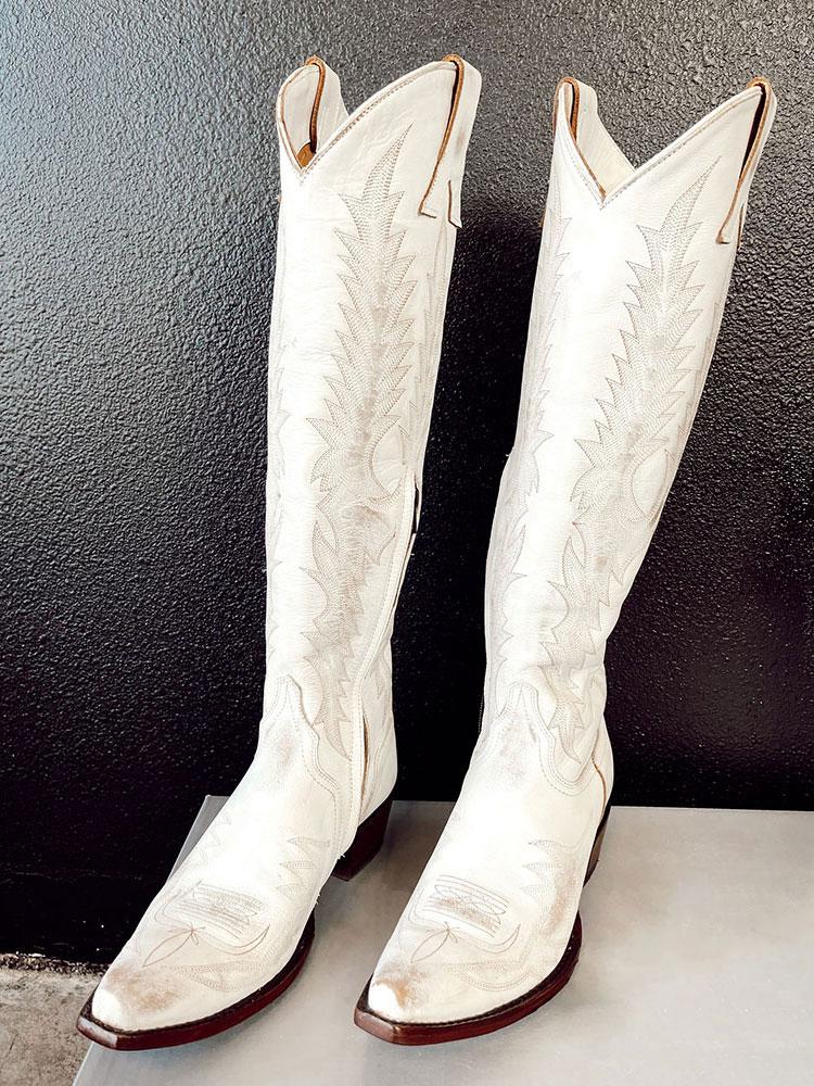 Embroidered Zip Snip Knee High Western Boots - Distressed White & Metallic Silver