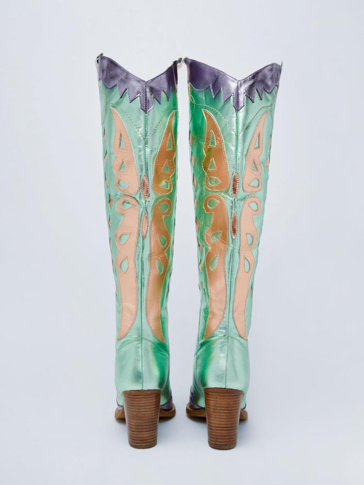 Contrast Metallic Butterfly Applique Snip Toe Wide Calf Tall Cowgirl Boots