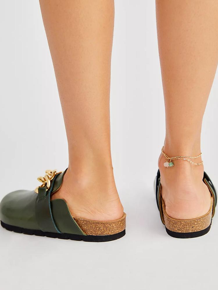 Chain Open-Back Slip-On Comfy Flat Mules Green Cork Clogs