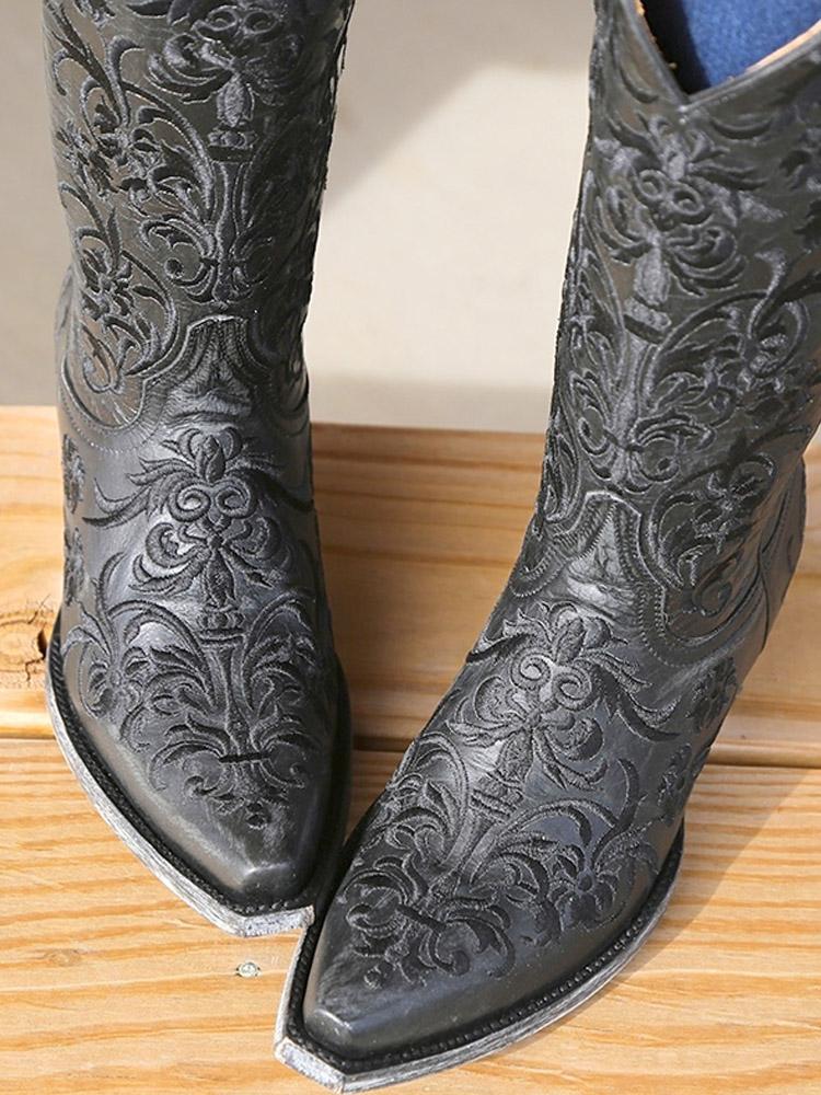 Black Embroidery Snip-toe Wide Mid-Calf Western Cowgirl Boots