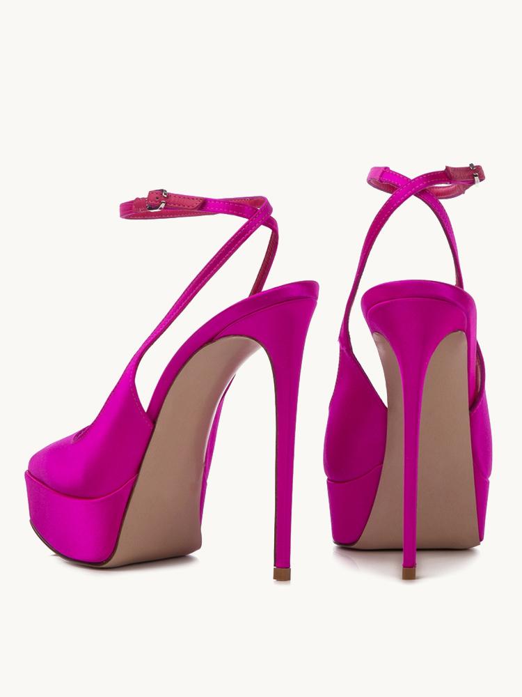 Hot Pink Silk Pointy Platform Stiletto Heeled Pumps With Slingback Ankle Strap