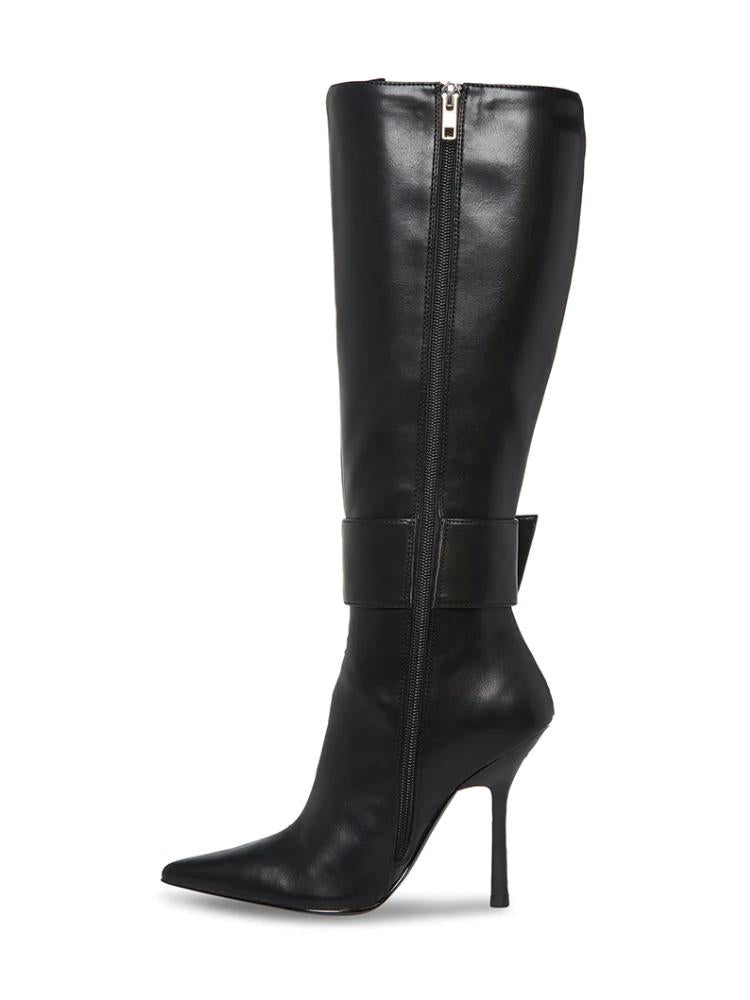 Fine Metallic Bright Buckle Zip Pointed Toe Stiletto Heel Mid Calf Boots