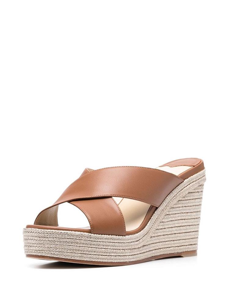 Brown Cross Bands Open-toe Slip-on Espadrille Wedge Sandals