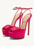 Hot Pink Platform Stiletto Heeled Sandals With Round Toe Ankle Strap