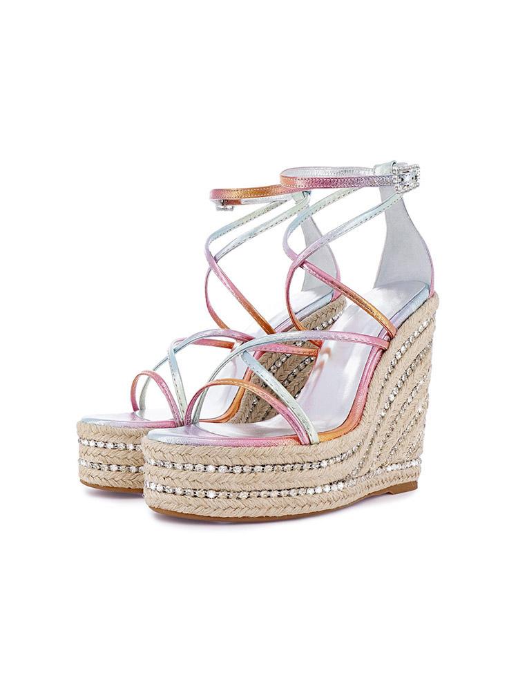 Metallic Gradient Multi Bands Open-toe Rhinestone Espadrille Wedge Sandals With Buckle Ankle Wrap