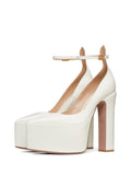 White Patent Pointy Platform Block Pumps With Buckled Ankle Strap