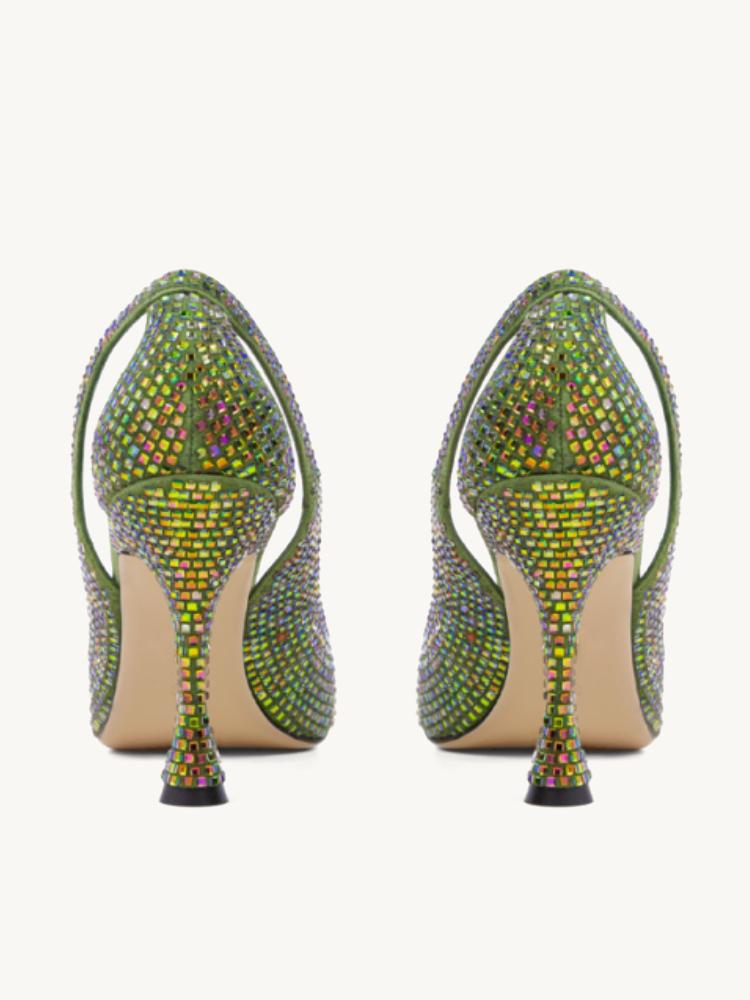 Green Rhinestone Cut-Out Pointed Toe Flared Heel Pumps For Women