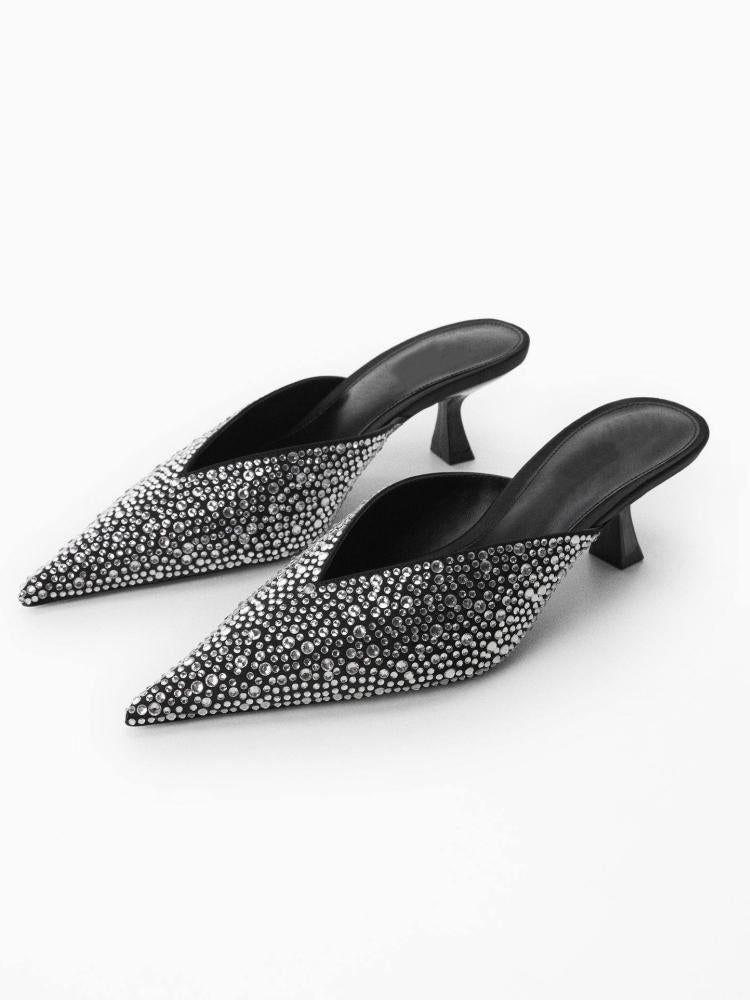 Black Rhinestone Pumps Backless Slip-On Pointy Kitten Heel Mules