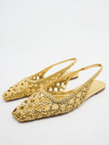 Metallic Gold Woven Hollow-Out Square-Toe Slingback Flat Sandals For Women