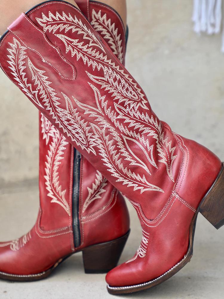 Embroidered Pointy Zip Mid Calf Tall Cowgirl Retro Boots