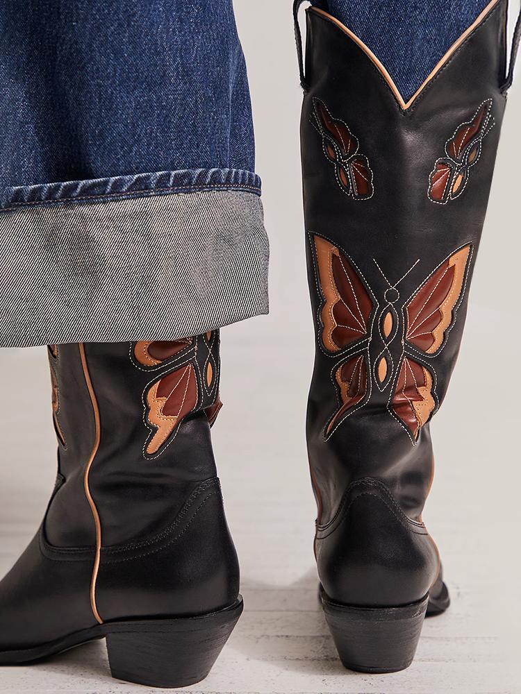 Butterfly Inlay Stitch Pointy Wide Mid Calf Cowgirl Boots - Red & Black