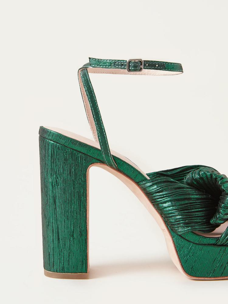 Black Green Pleated Bow Heels For Wide Feet  Block Heel Platform Sandals