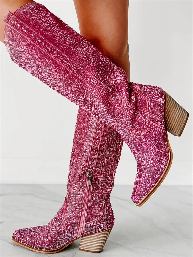 Pink Rhinestone Pointy Slip-on Mid-Calf Cowgirl Boots