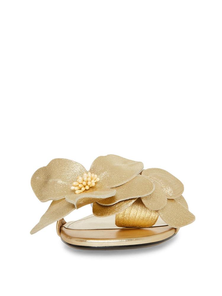 Floral Applique Single Band Round Toe Flat Slippers - Faux Suede Green & Metallic Gold