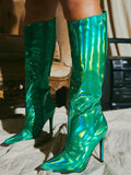 Metallic Mirror Iridescent Zip Pointy Stiletto Heeled Mid Calf Boots For Women