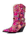 Metallic Hot Pink Satin Floral Embroidery Rhinestone Mid Calf Cowgirl Boots With Ankle Strap