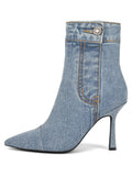 Denim Blue Button Zipper Pointed Toe Stiletto Heeled Ankle Boots