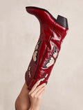 Butterfly Inlay Stitch Pointy Wide Mid Calf Cowgirl Boots - Red & Black